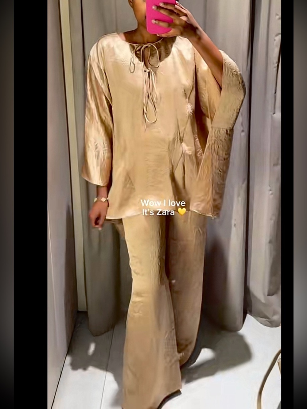 Zara NWT 2 piece SET Satin gold oversized flowy top & with plastic waist pants